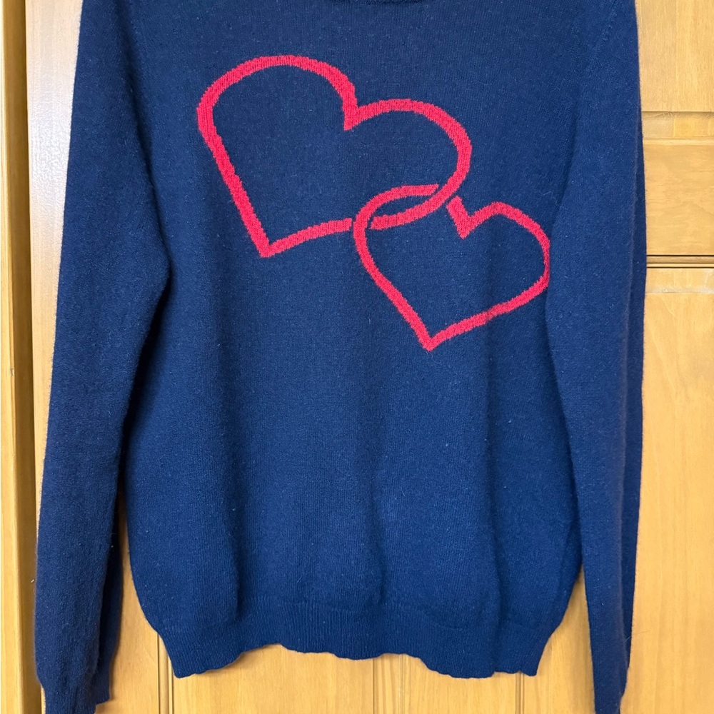Elegant Navy cashmere Sweater with Red Heart Accents - Picture 1 of 5